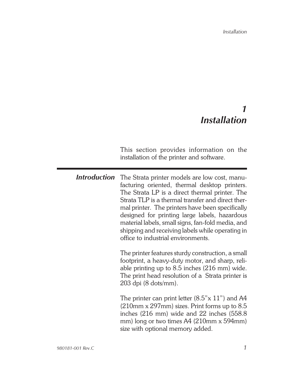 In stal la tion 1, In tro duc tion 1, 1installation | Zebra Technologies Printers User Manual | Page 9 / 69