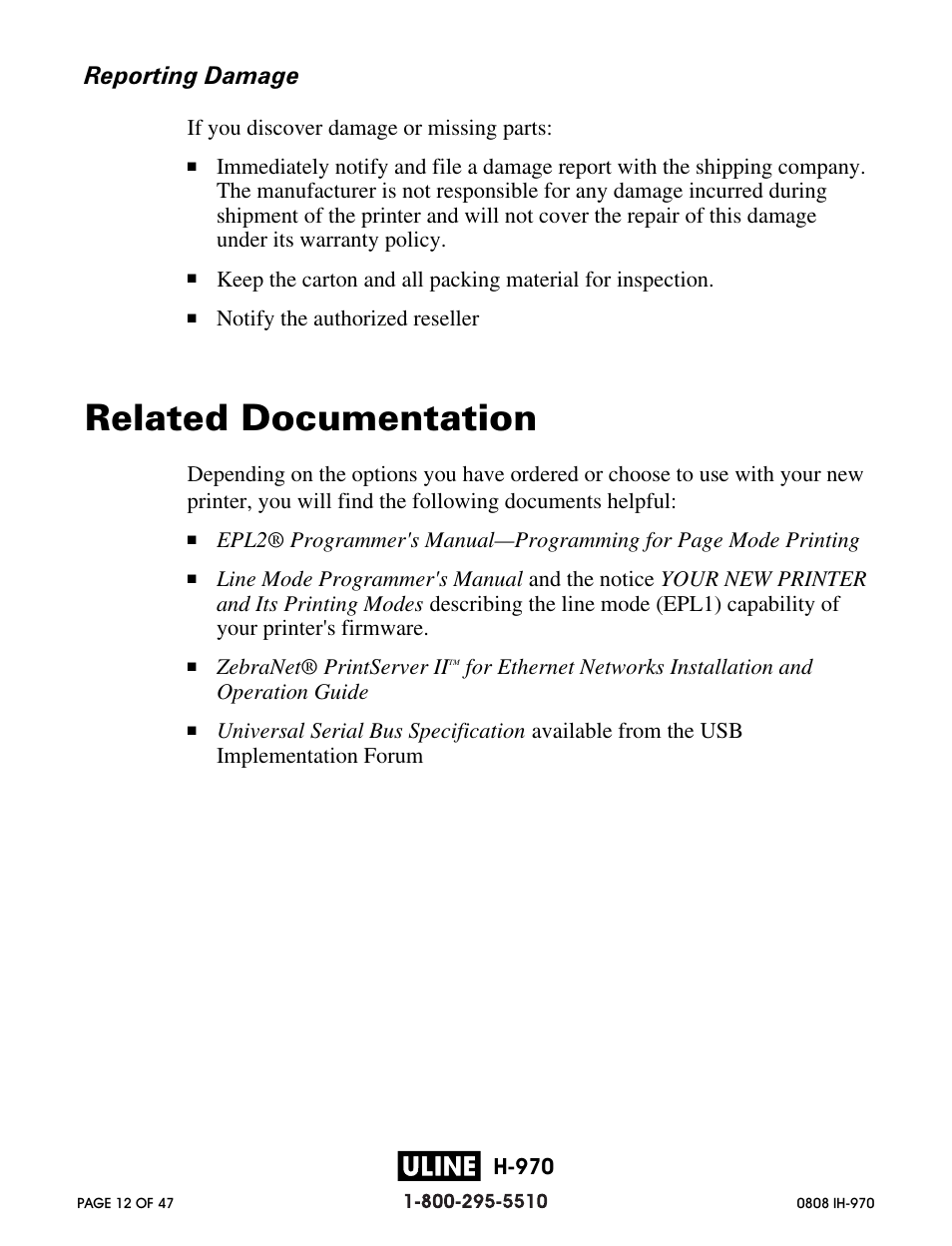 Related documentation, Reporting damage | Zebra Technologies 2844 Printer User Manual | Page 12 / 47