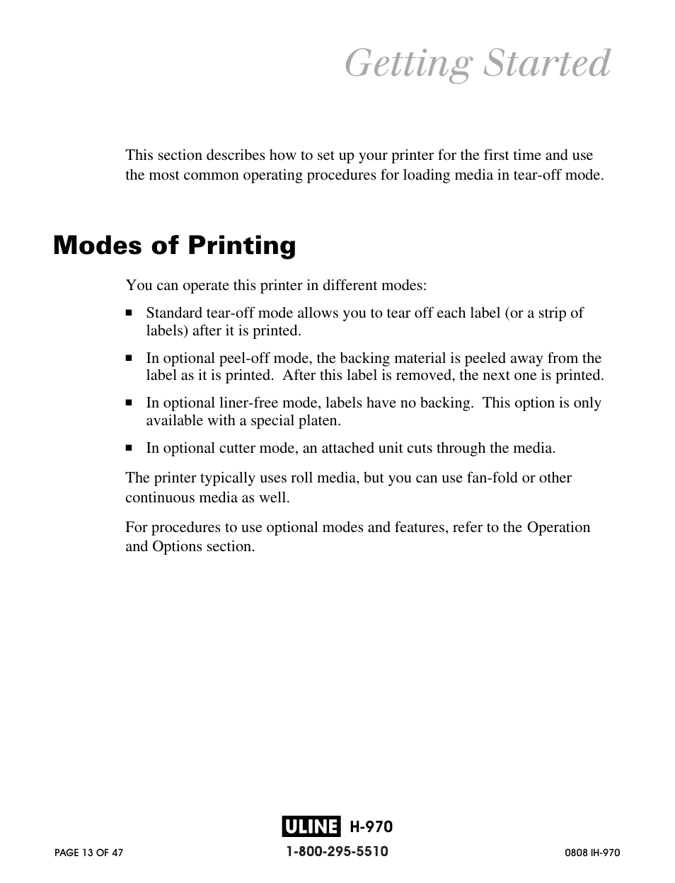 Getting started, Modes of printing | Zebra Technologies 2844 Printer User Manual | Page 13 / 47