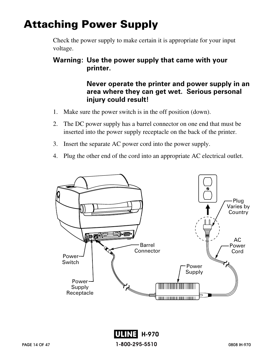 Attaching power supply | Zebra Technologies 2844 Printer User Manual | Page 14 / 47