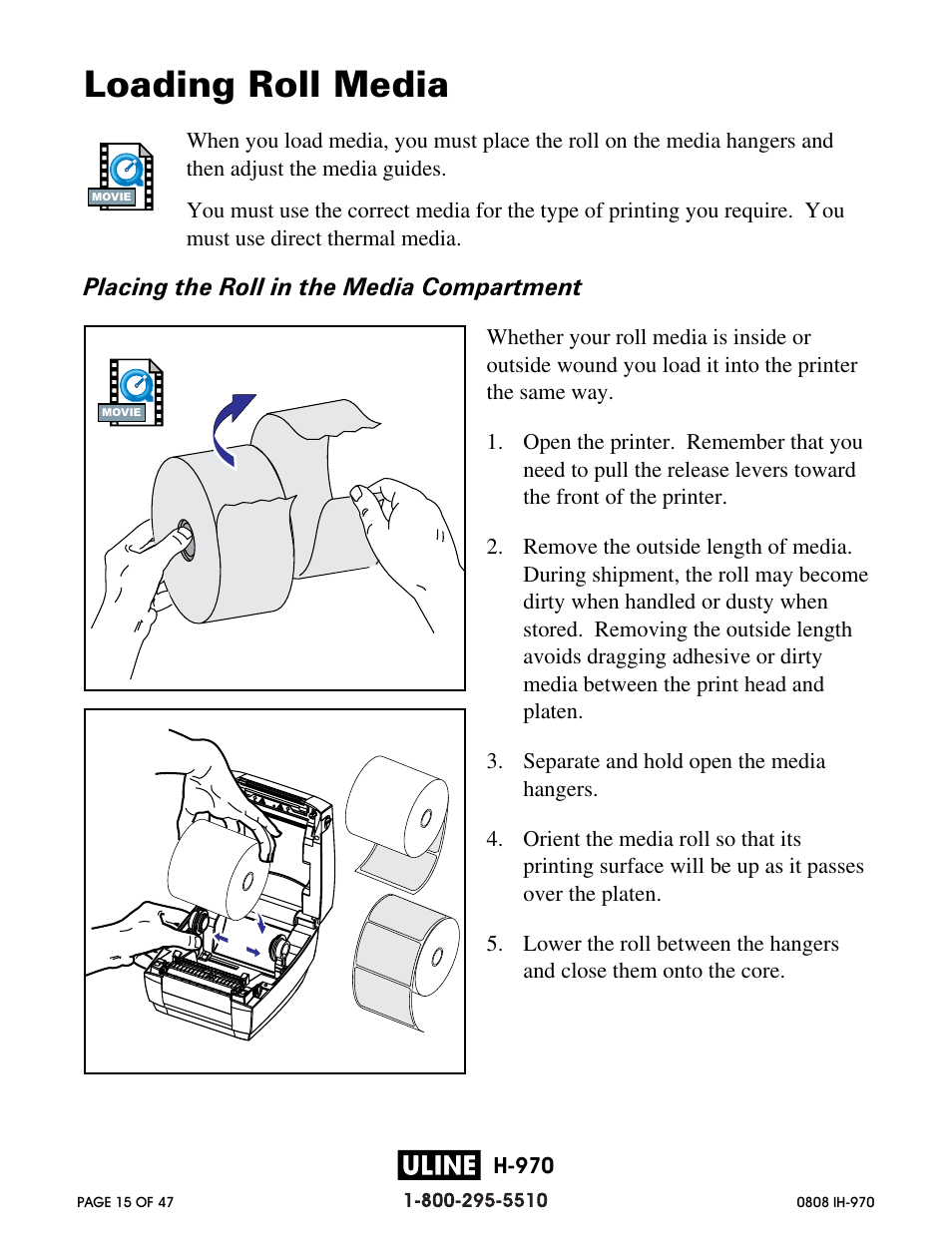 Loading roll media | Zebra Technologies 2844 Printer User Manual | Page 15 / 47