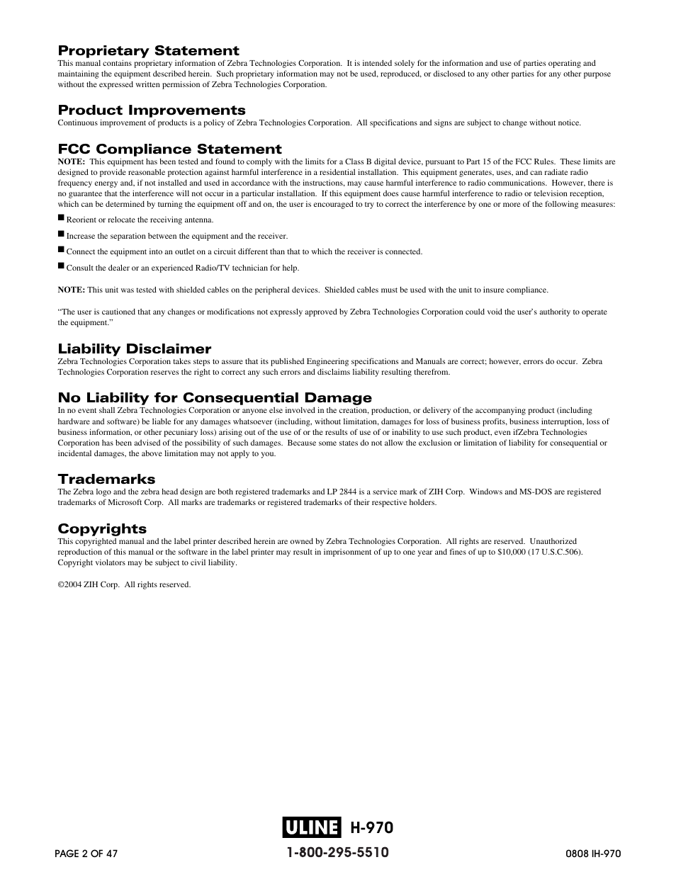 H-970 | Zebra Technologies 2844 Printer User Manual | Page 2 / 47