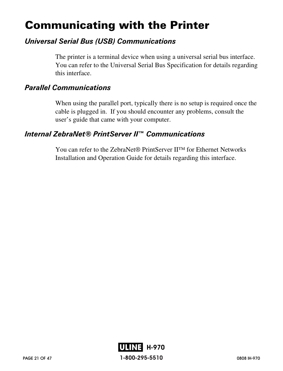 Communicating with the printer | Zebra Technologies 2844 Printer User Manual | Page 21 / 47