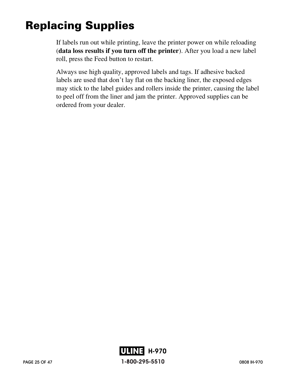Replacing supplies | Zebra Technologies 2844 Printer User Manual | Page 25 / 47