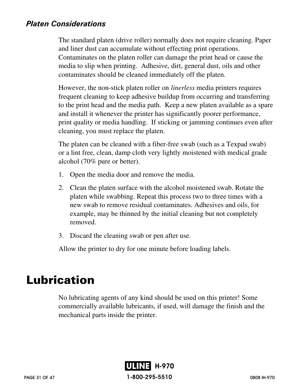 Lubrication | Zebra Technologies 2844 Printer User Manual | Page 31 / 47