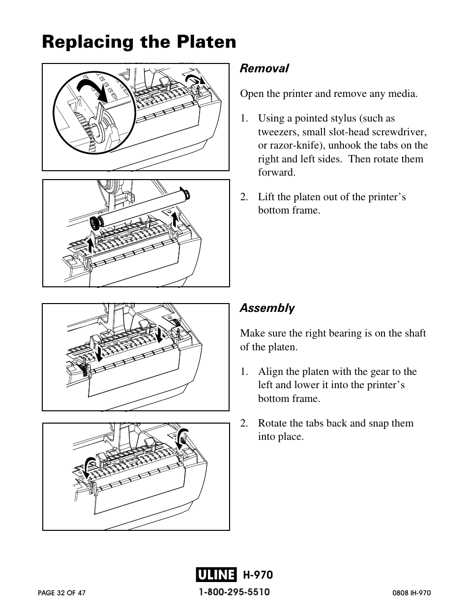 Replacing the platen | Zebra Technologies 2844 Printer User Manual | Page 32 / 47