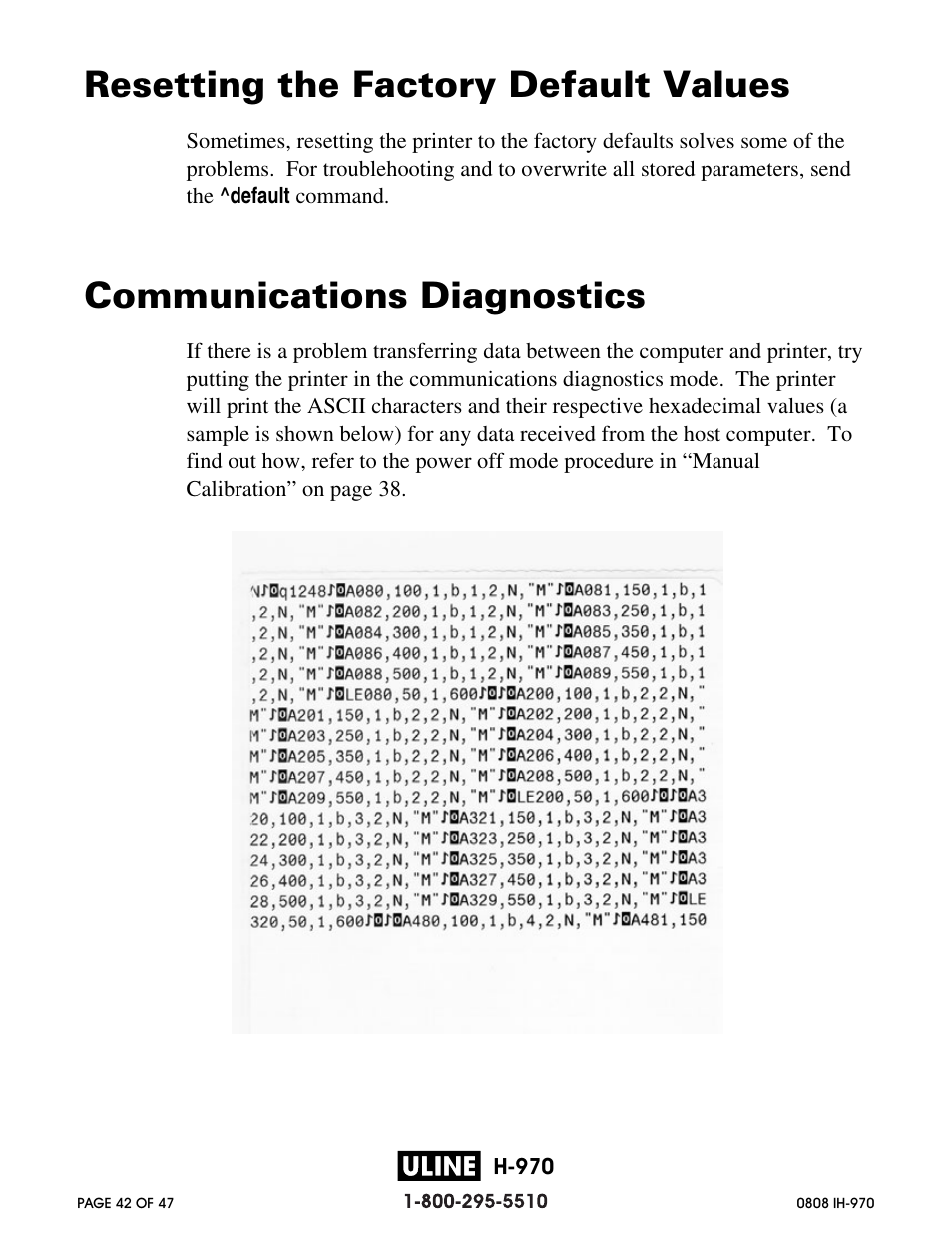 Resetting the factory default values, Communications diagnostics | Zebra Technologies 2844 Printer User Manual | Page 42 / 47