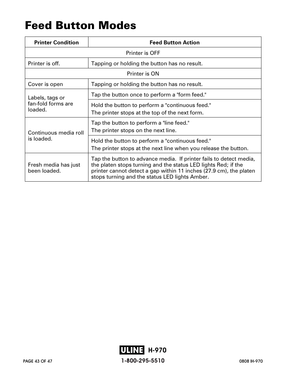 Feed button modes | Zebra Technologies 2844 Printer User Manual | Page 43 / 47