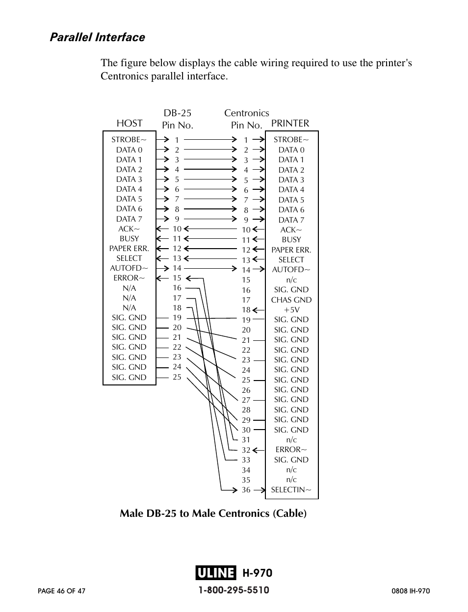 Parallel interface, H-970, Male db-25 to male centronics (cable) | Zebra Technologies 2844 Printer User Manual | Page 46 / 47