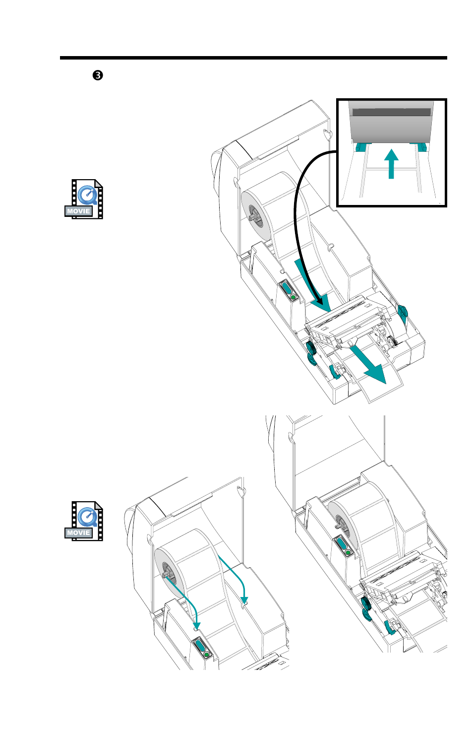 Step 3 - load media (cont.), Thread the media, Seat media roll | Zebra Technologies 2742 User Manual | Page 13 / 30