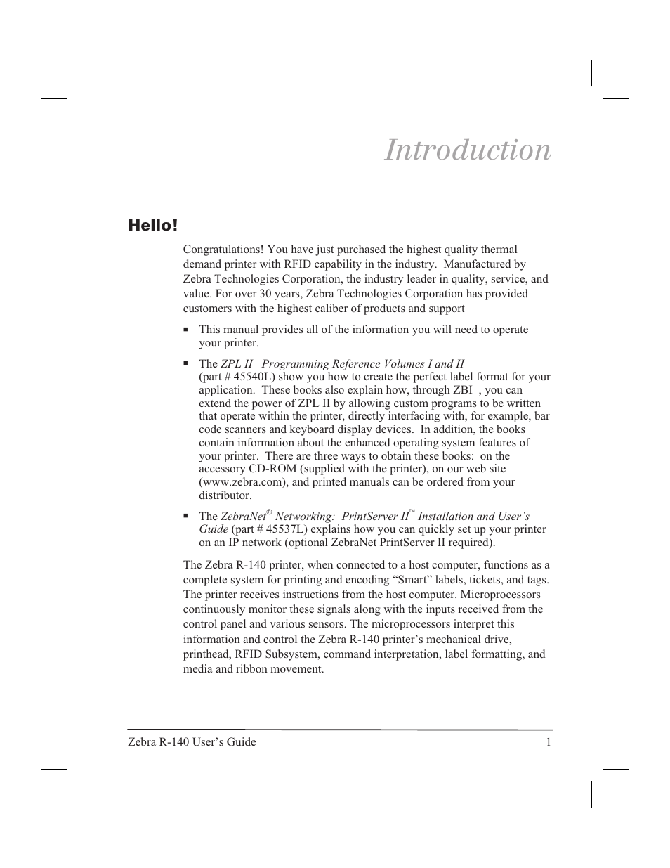 Introduction, Hello | Zebra Technologies R-140 User Manual | Page 10 / 126