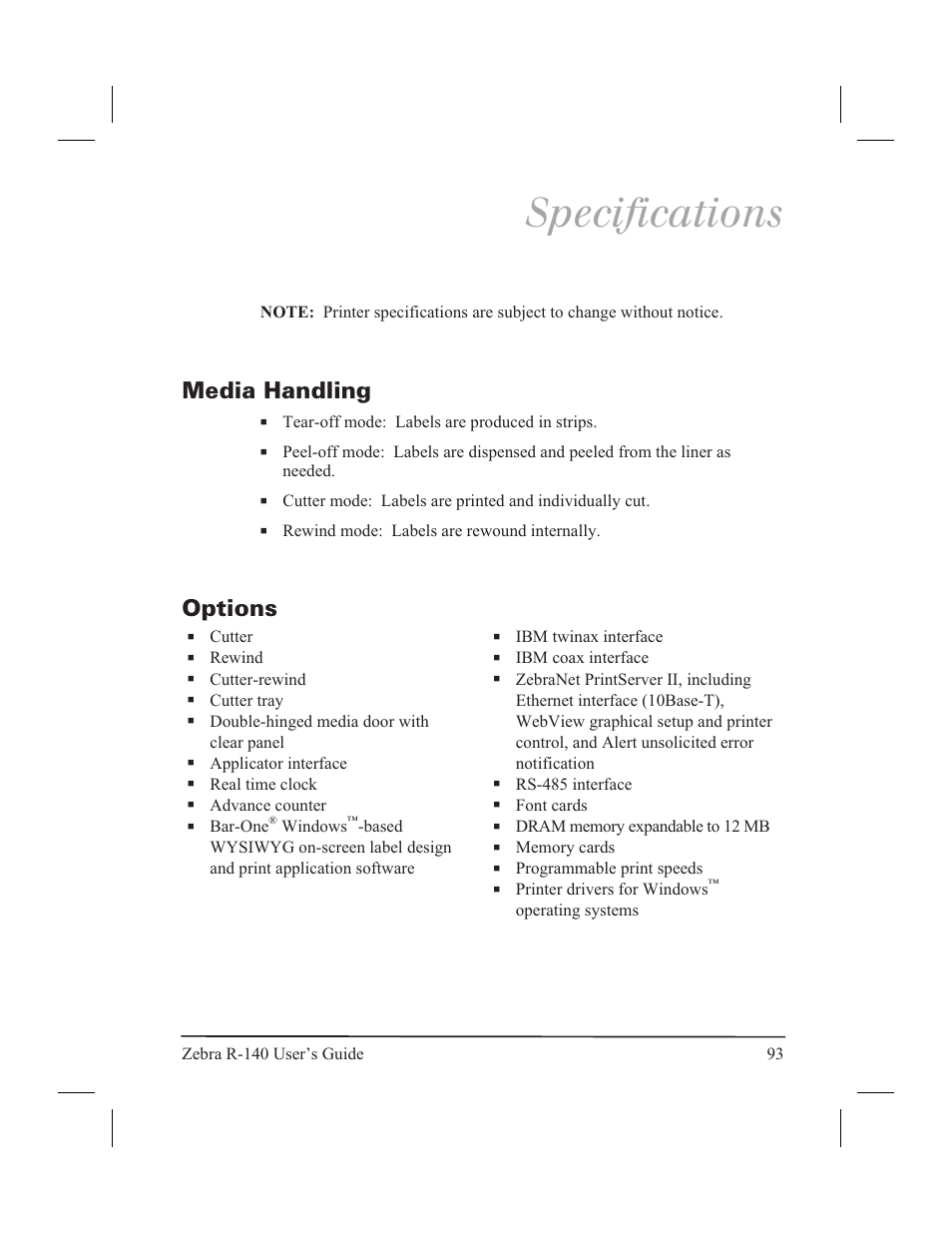 Specifications, Media handling options, Media handling | Options | Zebra Technologies R-140 User Manual | Page 102 / 126