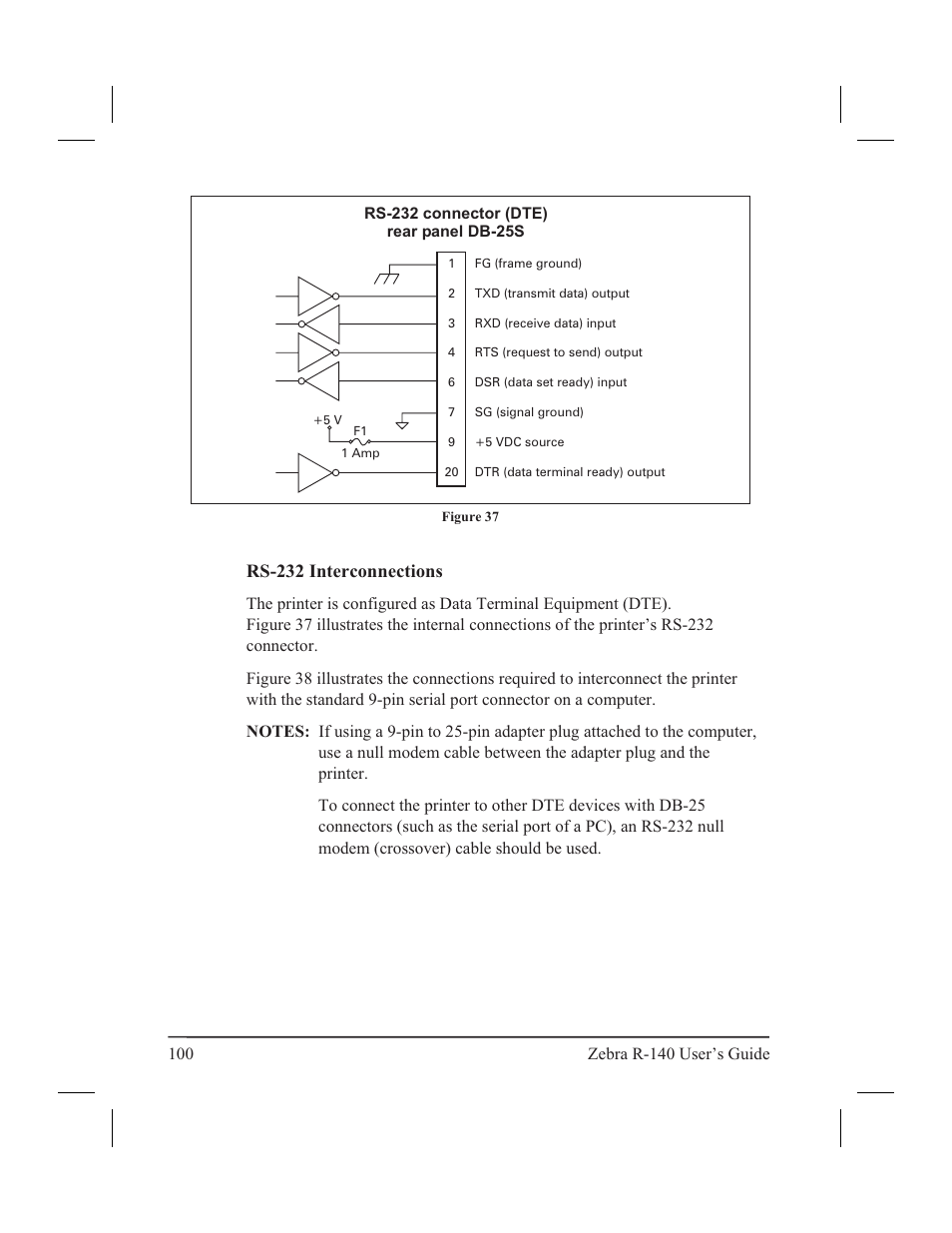 Appendix, Printer interface technical information 99, Rs-232/rs-422/rs-485 serial data port 99 | Se rial port tech ni cal in for ma tion 99, Rs-232 interconnections | Zebra Technologies R-140 User Manual | Page 109 / 126