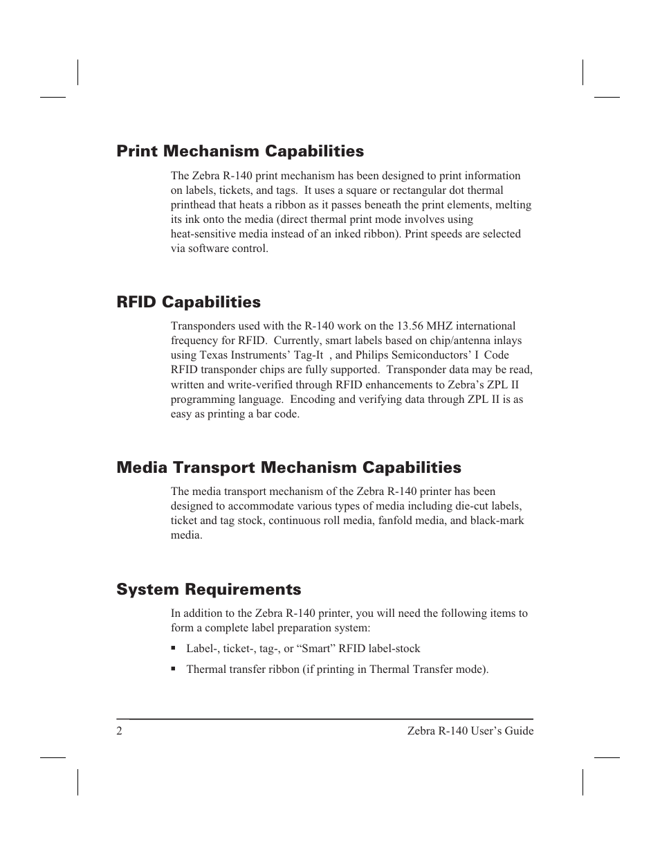 Introduction, Hello! 1, Ip net work 1, 47 | Net work, ip 1, 47, Zebranet printserver ii 1, 25, 47, Print mechanism capabilities, Rfid capabilities, Media transport mechanism capabilities, System requirements | Zebra Technologies R-140 User Manual | Page 11 / 126