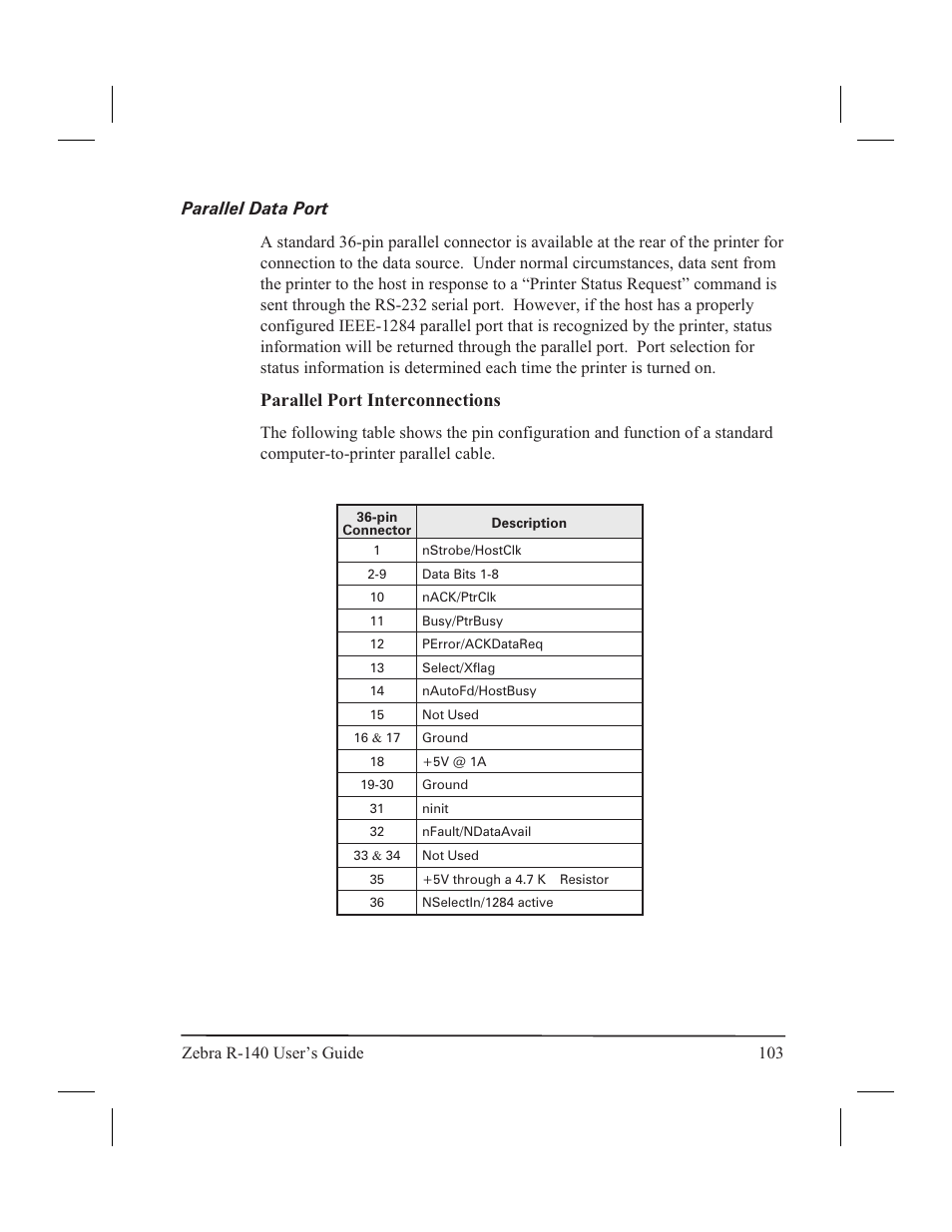 Parallel data port, Parallel port interconnections | Zebra Technologies R-140 User Manual | Page 112 / 126