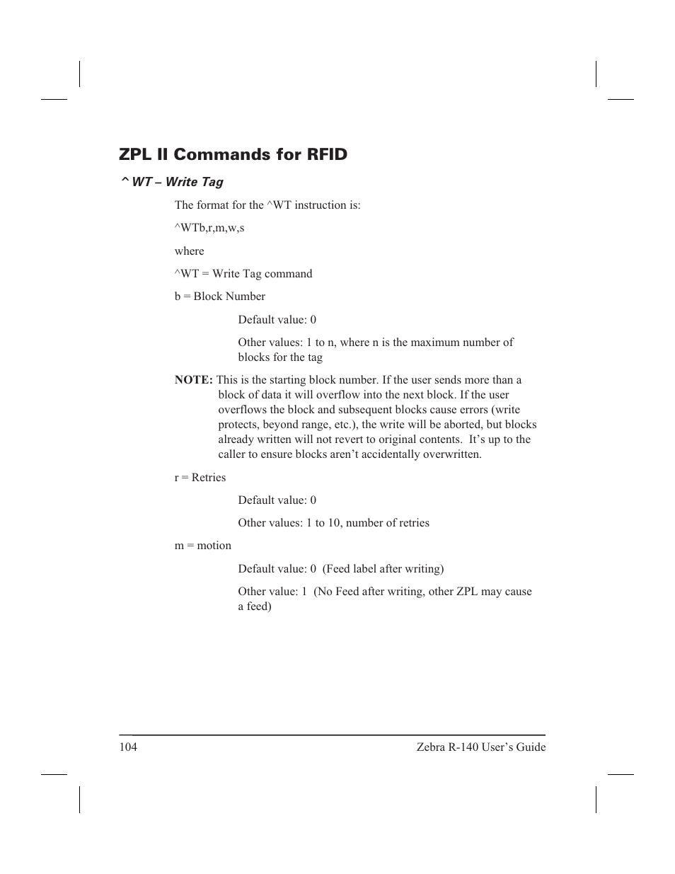 Parallel data port 103, Par al lel port tech ni cal in for ma tion 103, Zpl ii commands for rfid | Wt – write tag | Zebra Technologies R-140 User Manual | Page 113 / 126