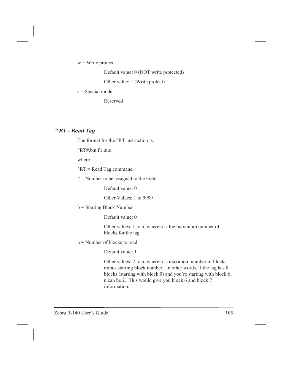 Zpl ii commands for rfid 104, Wt œ write tag 104, Rt – read tag | Zebra Technologies R-140 User Manual | Page 114 / 126