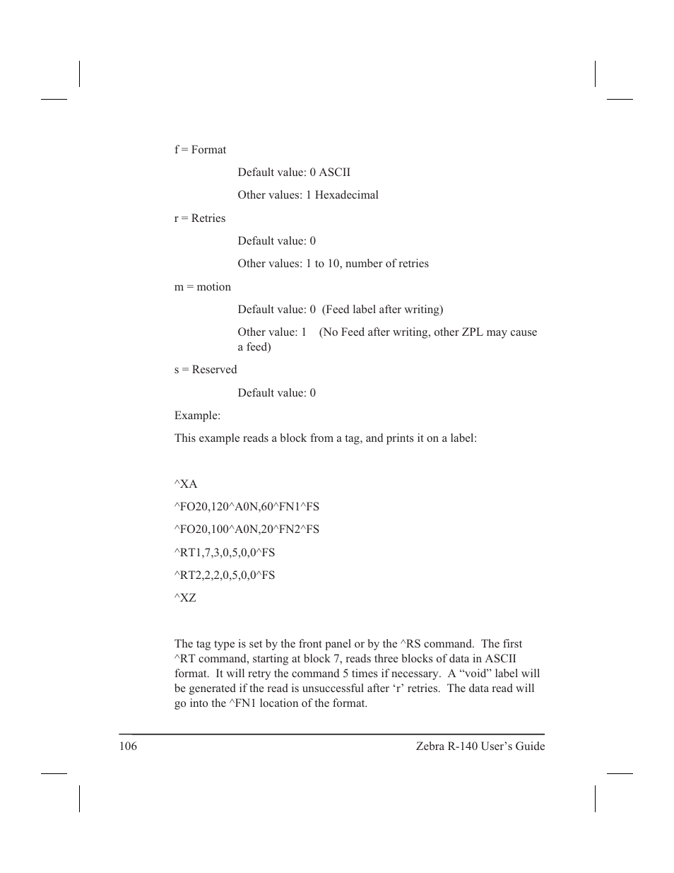 Rt œ read tag 105 | Zebra Technologies R-140 User Manual | Page 115 / 126