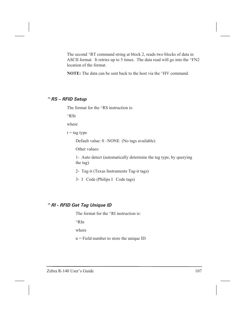 Rs – rfid setup ^ri - rfid get tag unique id | Zebra Technologies R-140 User Manual | Page 116 / 126