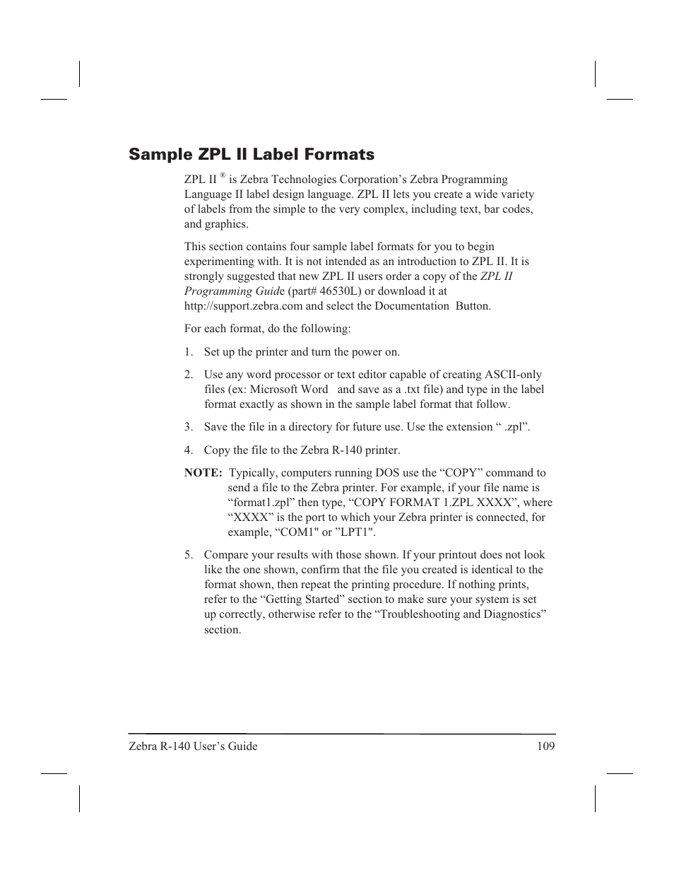 Sample zpl ii label formats | Zebra Technologies R-140 User Manual | Page 118 / 126