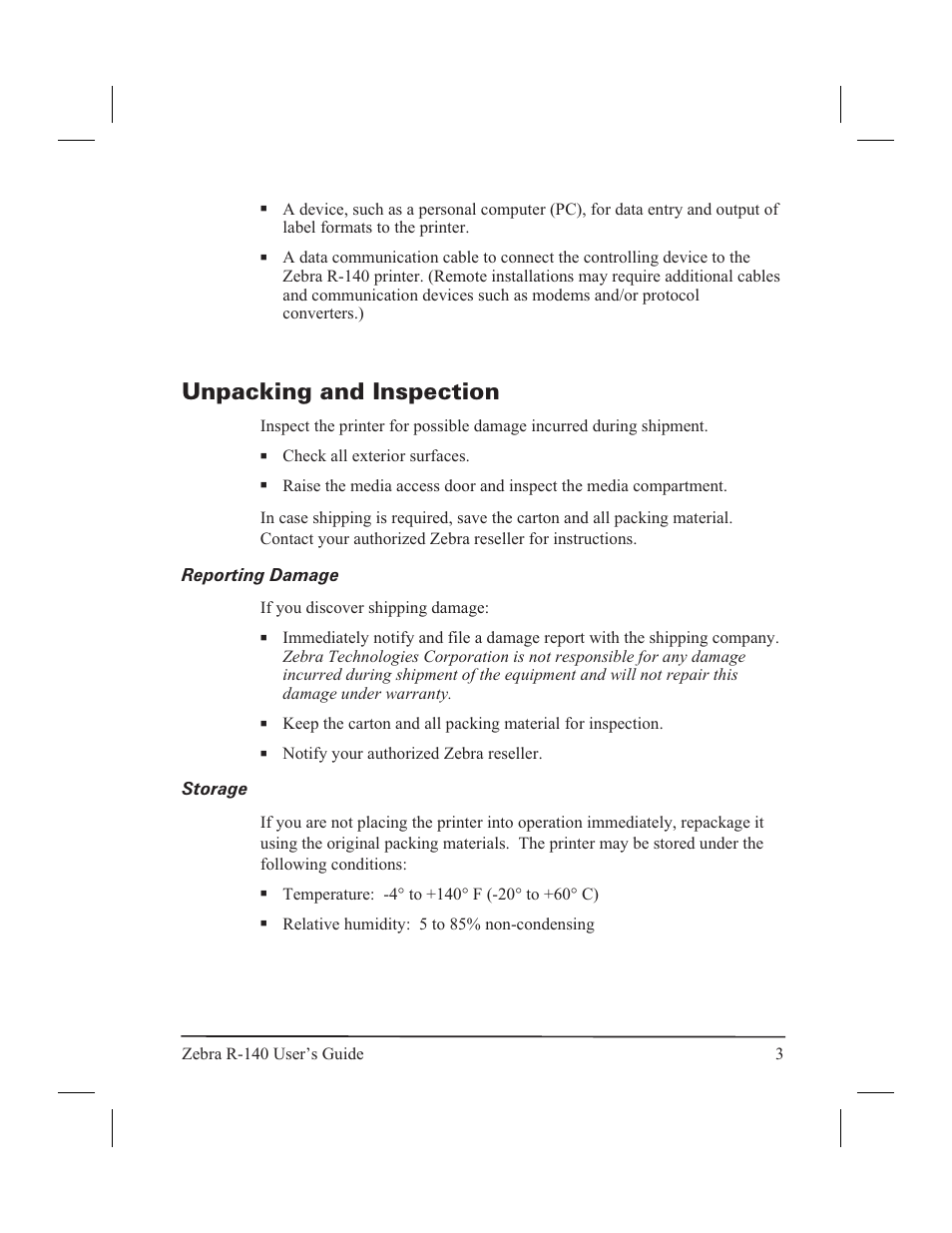 Print mechanism capabilities 2, Rfid capabilities 2, Media transport mechanism capabilities 2 | System requirements 2, Unpacking and inspection, Storage | Zebra Technologies R-140 User Manual | Page 12 / 126