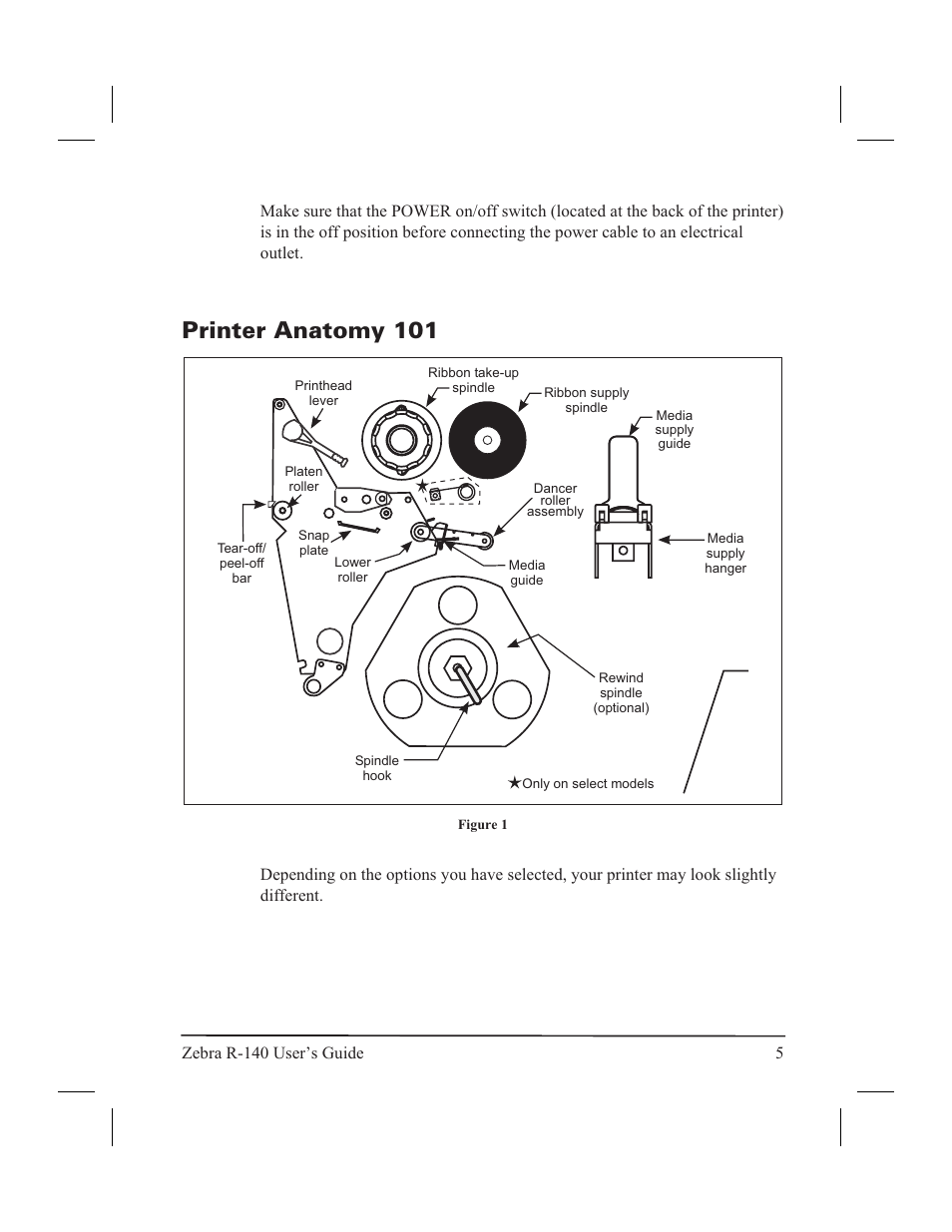 Media and ribbon requirements 4, Power cord 4, Me dia re quire ments 4 | Me dia and rib bon 4, Rib bon re quire ments 4, Power cord printer anatomy 101, Printer anatomy 101 | Zebra Technologies R-140 User Manual | Page 14 / 126