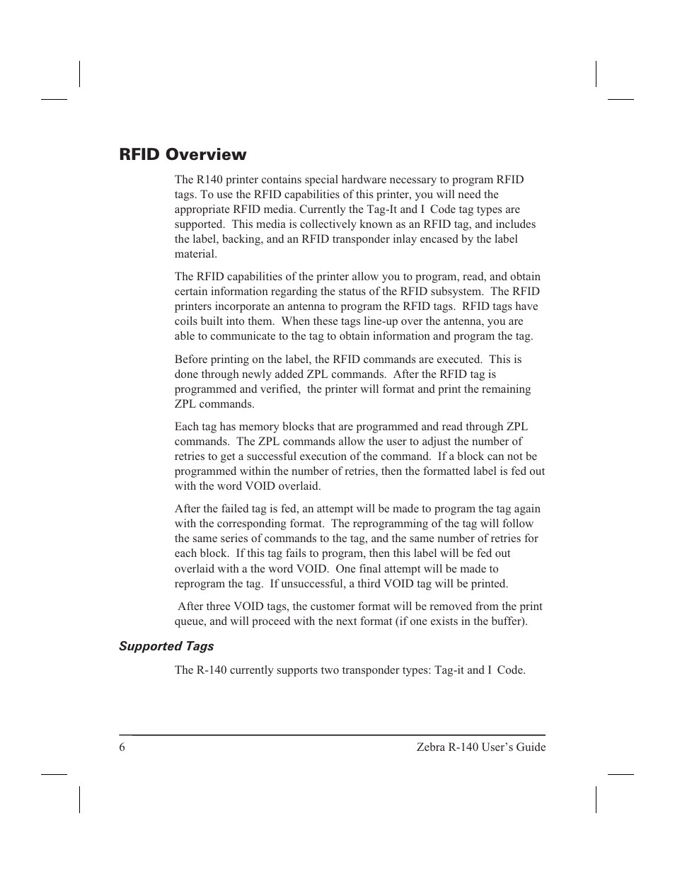 Printer anatomy 101 5, Over view, printer 5, Printer over view 5 | Rfid overview, Supported tags | Zebra Technologies R-140 User Manual | Page 15 / 126