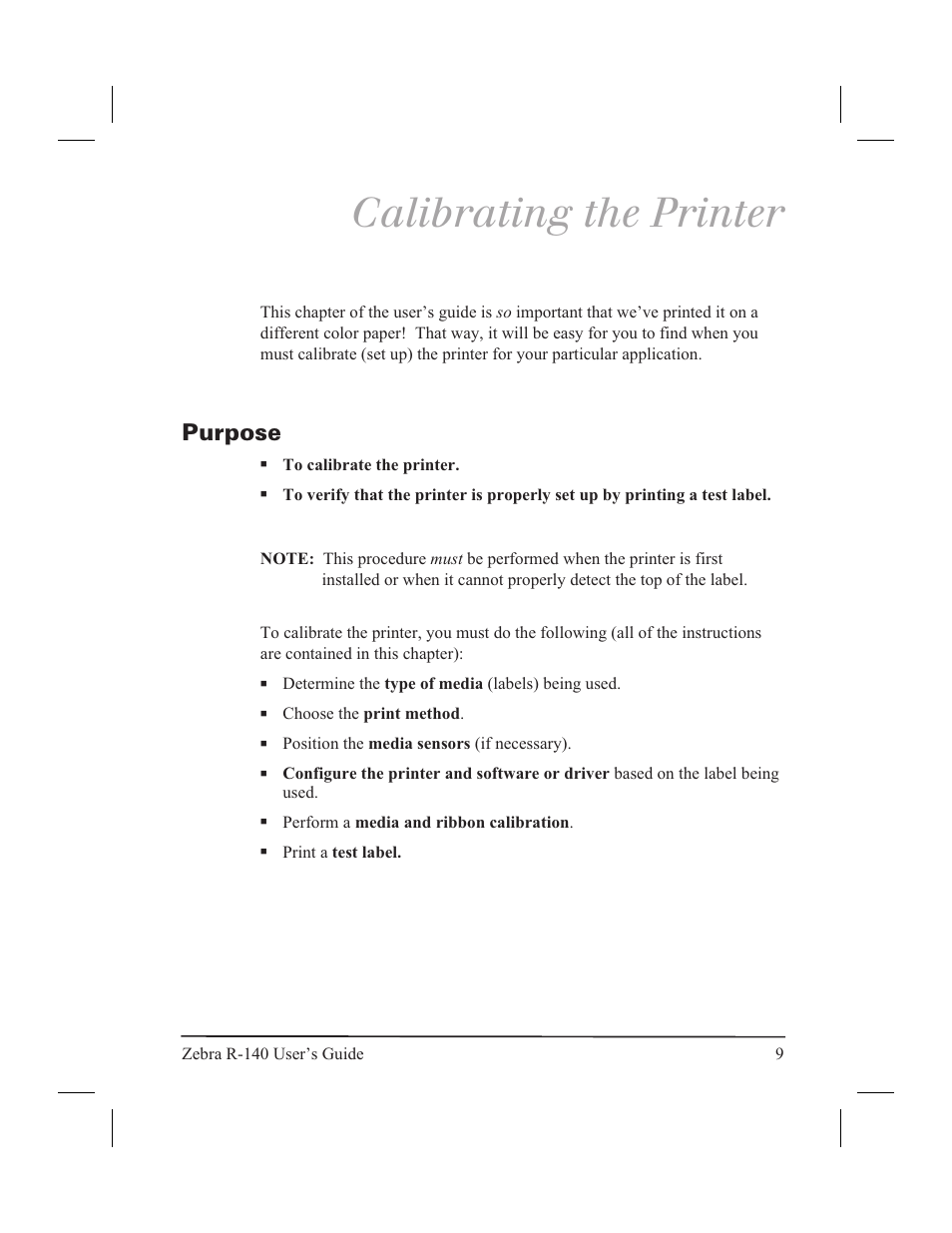 I·code tags 8, Calibrating the printer, Purpose | Zebra Technologies R-140 User Manual | Page 18 / 126