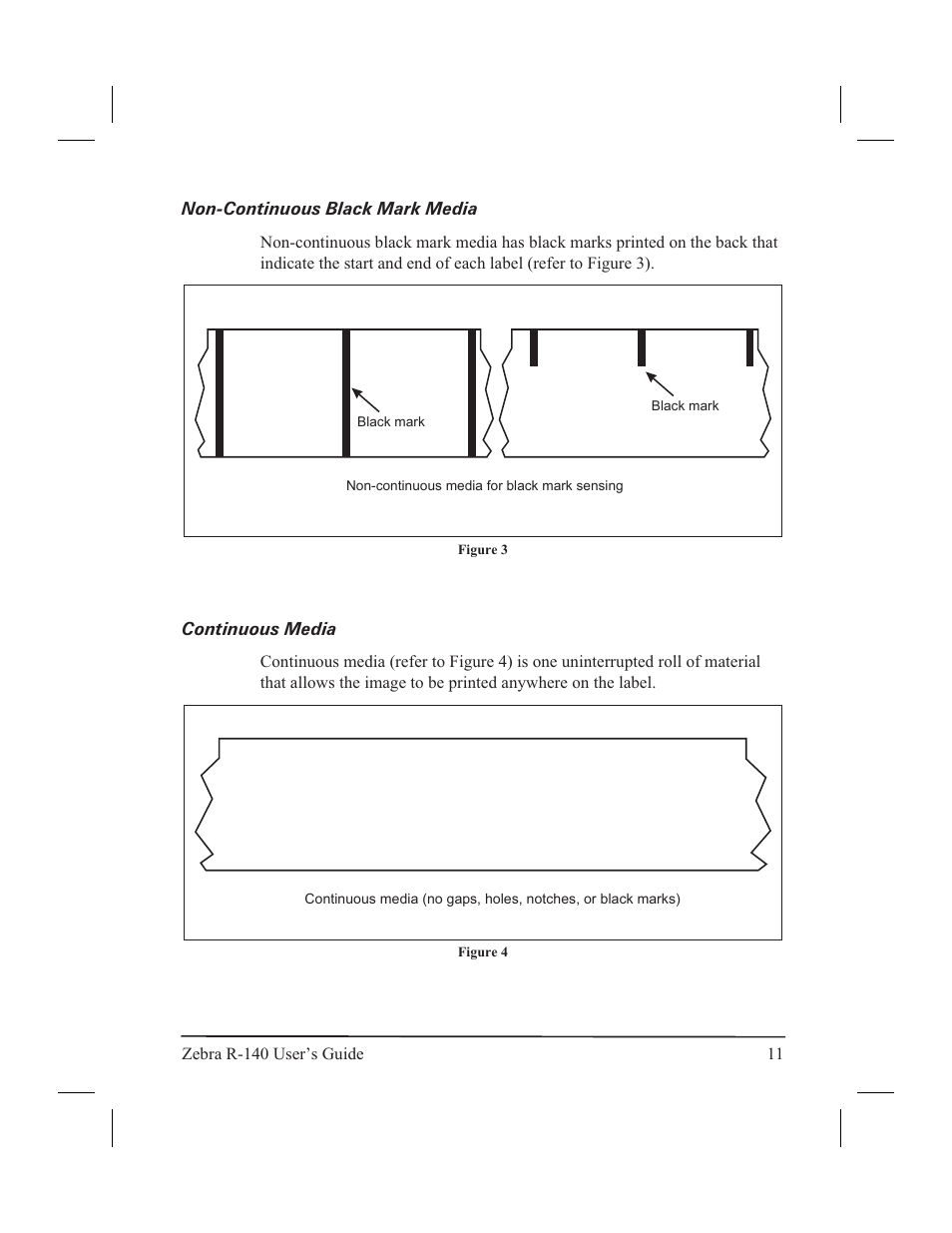 Types of media 10, Non-continuous web media 10, Non-con tin u ous web 10 | Non-con tin u ous web me dia 10, Types of me dia 10, Non-continuous black mark media continuous media | Zebra Technologies R-140 User Manual | Page 20 / 126