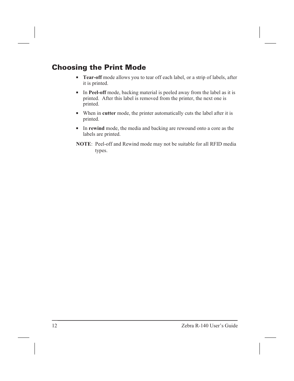 Non-continuous black mark media 11, Continuous media 11, Con tin u ous me dia 11 | Con tin u ous 11, Non-con tin u ous black mark 11, Non-con tin u ous black mark me dia 11, Choosing the print mode | Zebra Technologies R-140 User Manual | Page 21 / 126