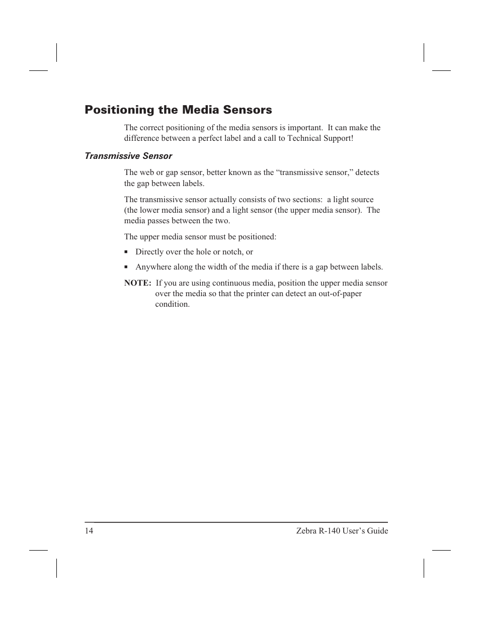 Loading the media 13, Positioning the media sensors, Transmissive sensor | Zebra Technologies R-140 User Manual | Page 23 / 126
