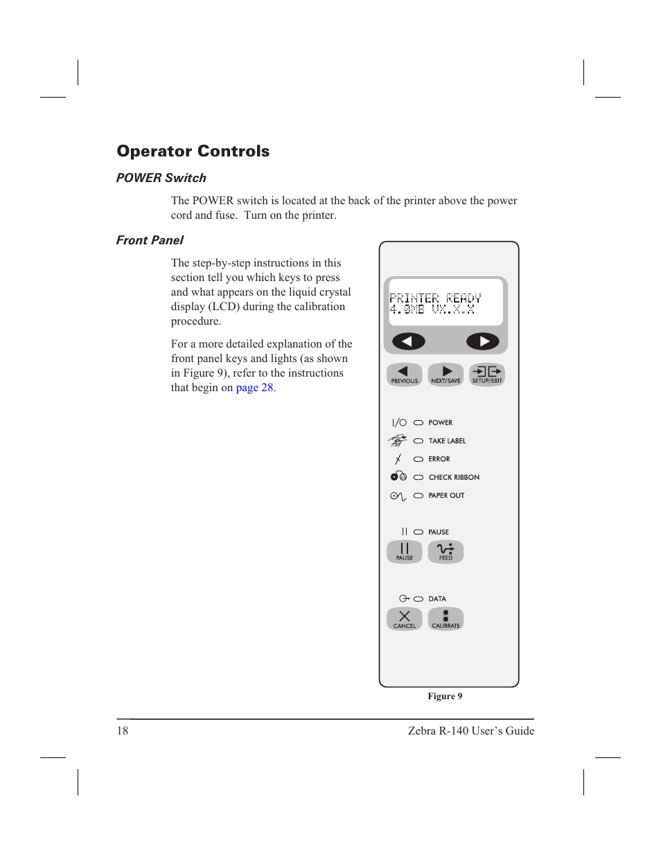 Loading the ribbon 17, Operator controls, Power switch front panel | Zebra Technologies R-140 User Manual | Page 27 / 126