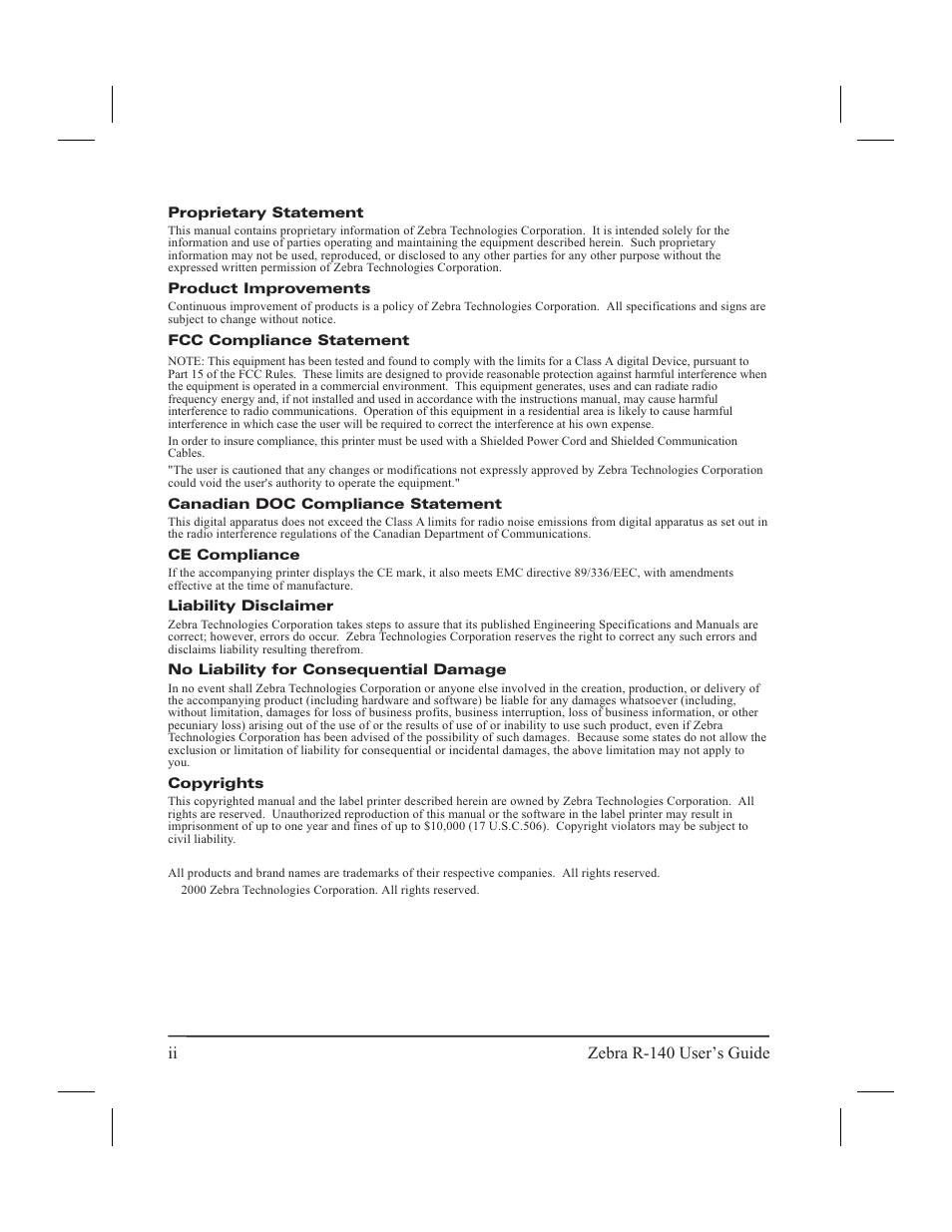 Ii zebra r-140 user’s guide | Zebra Technologies R-140 User Manual | Page 3 / 126