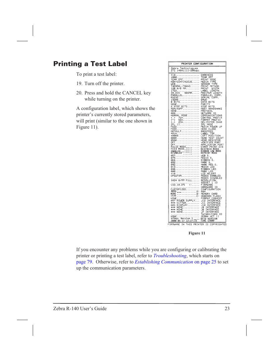 Printing a test label | Zebra Technologies R-140 User Manual | Page 32 / 126
