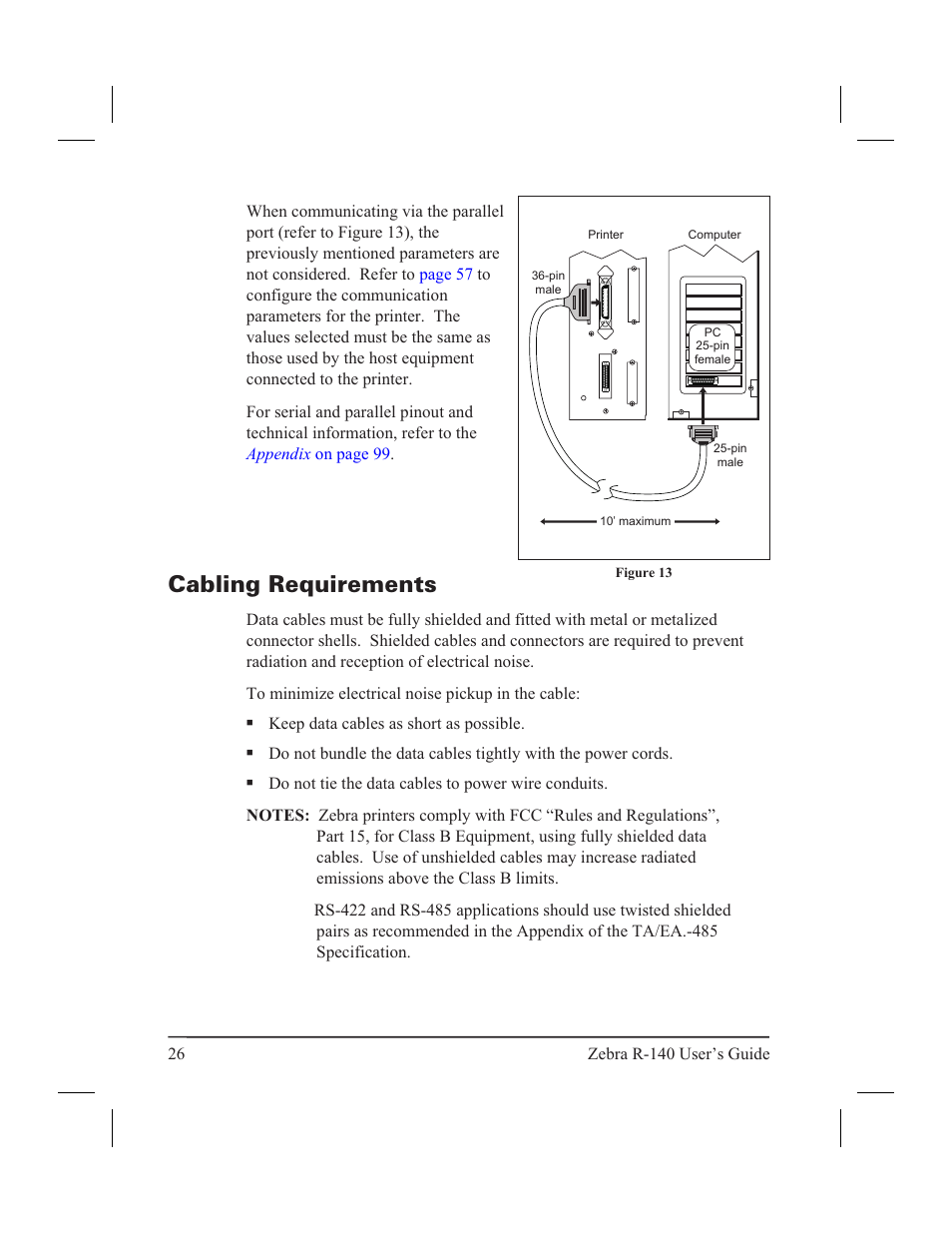 Establishing communication, System considerations 25, Interfaces 25 | Data specifications 25, Data spec i fi ca tions 25, In ter faces 25, Sys tem con sid er ations 25, Cabling requirements | Zebra Technologies R-140 User Manual | Page 35 / 126