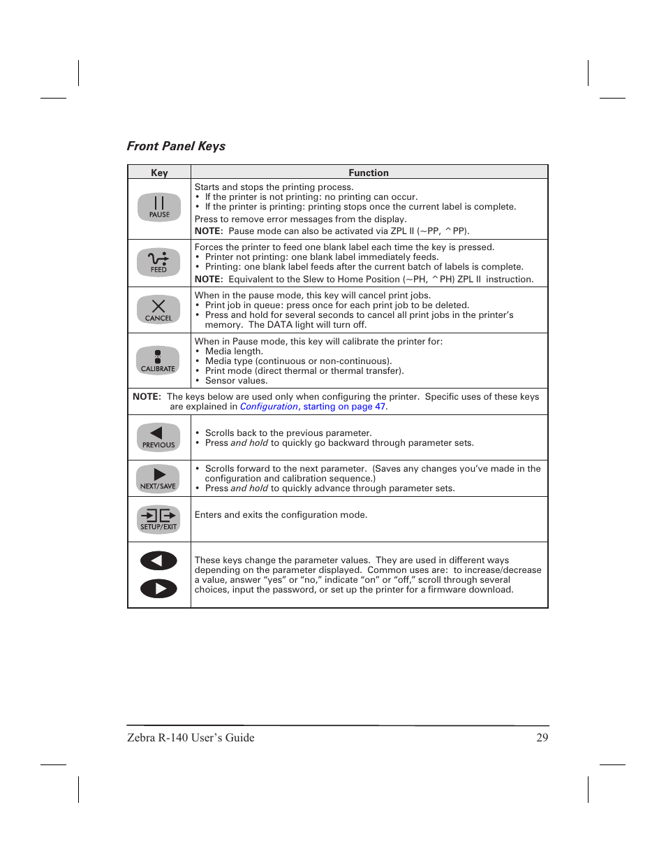 Front panel display 28, Front panel dis play 28, Front panel keys | Zebra Technologies R-140 User Manual | Page 38 / 126