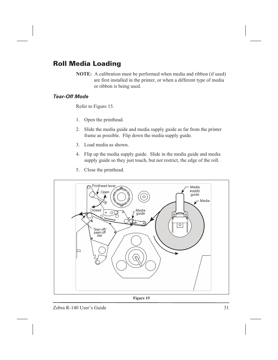 Front panel lights 30, Roll media loading, Tear-off mode | Zebra Technologies R-140 User Manual | Page 40 / 126
