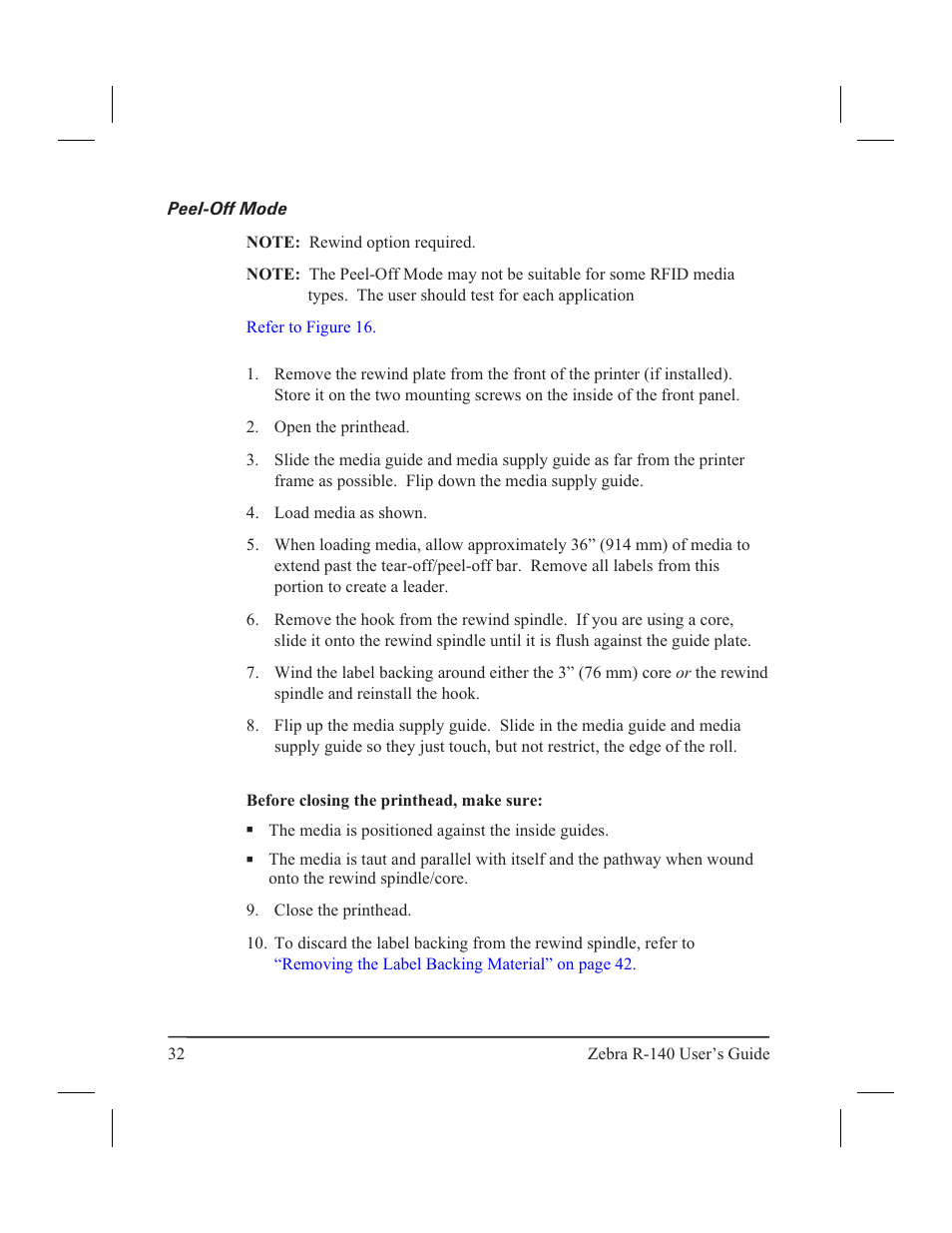 Roll media loading 31, Tear-off mode 31, Roll 31 | Tear-off 31, Me dia load ing, roll 31, Peel-off mode | Zebra Technologies R-140 User Manual | Page 41 / 126