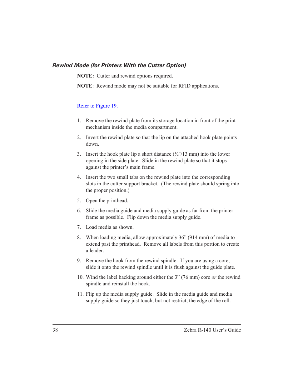 Rewind mode (for printers with the cutter option) | Zebra Technologies R-140 User Manual | Page 47 / 126