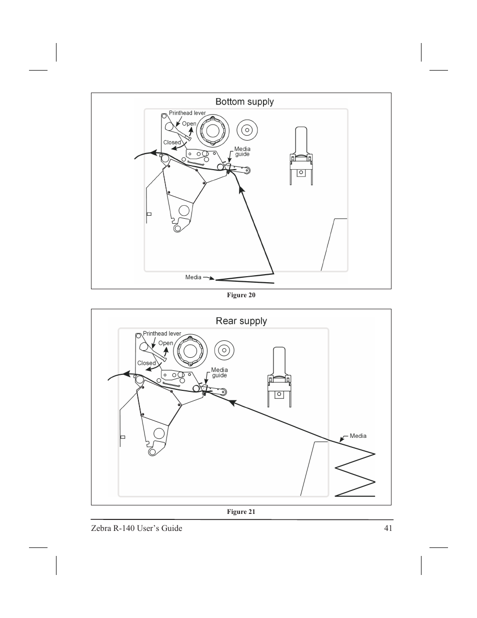Fanfold media loading 40, Fan fold 40, Me dia load ing, fan fold 40 | Zebra Technologies R-140 User Manual | Page 50 / 126