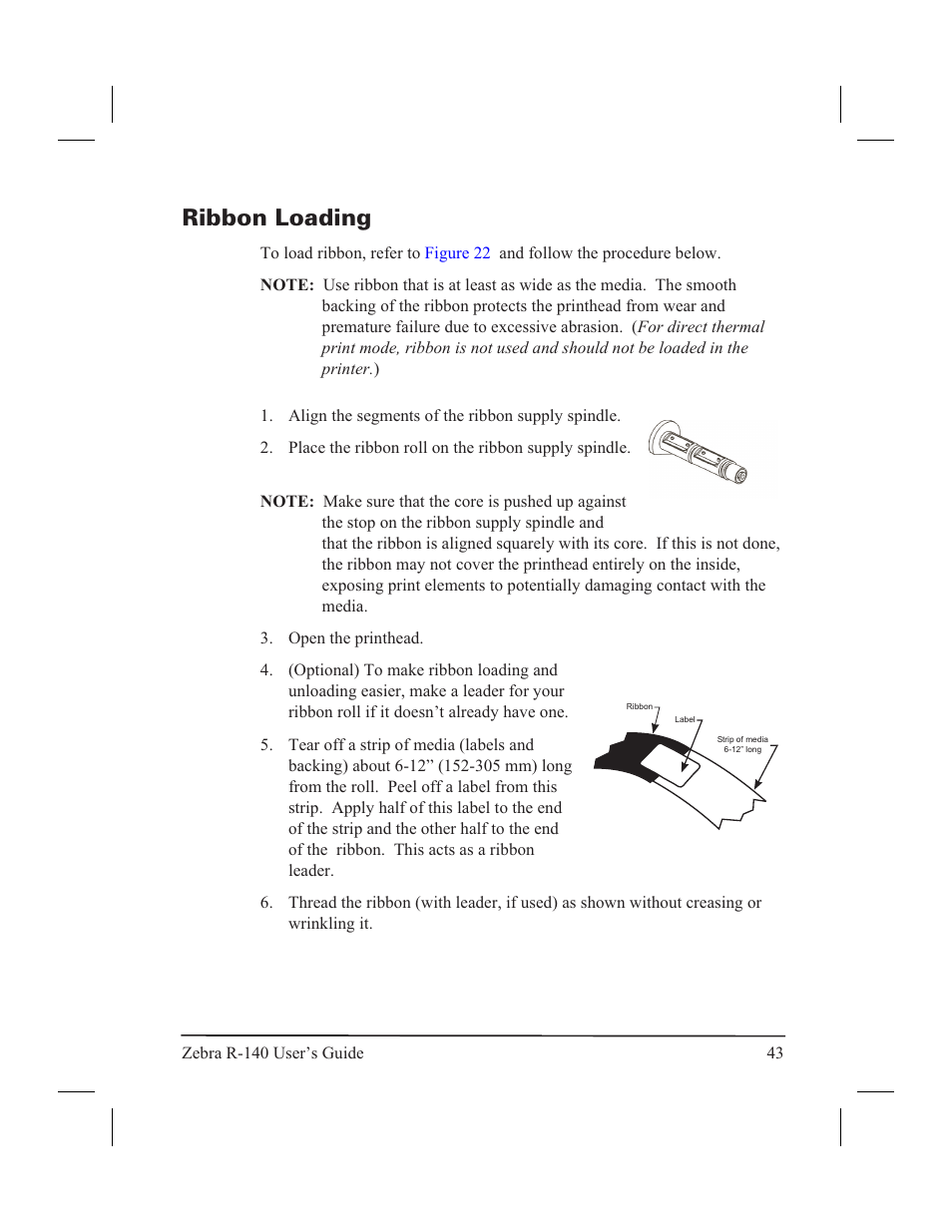 Removing the label backing material 42, La bel back ing, re mov ing 42, Ribbon loading | Zebra Technologies R-140 User Manual | Page 52 / 126