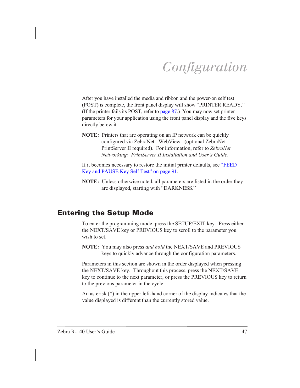 Configuration, Entering the setup mode | Zebra Technologies R-140 User Manual | Page 56 / 126