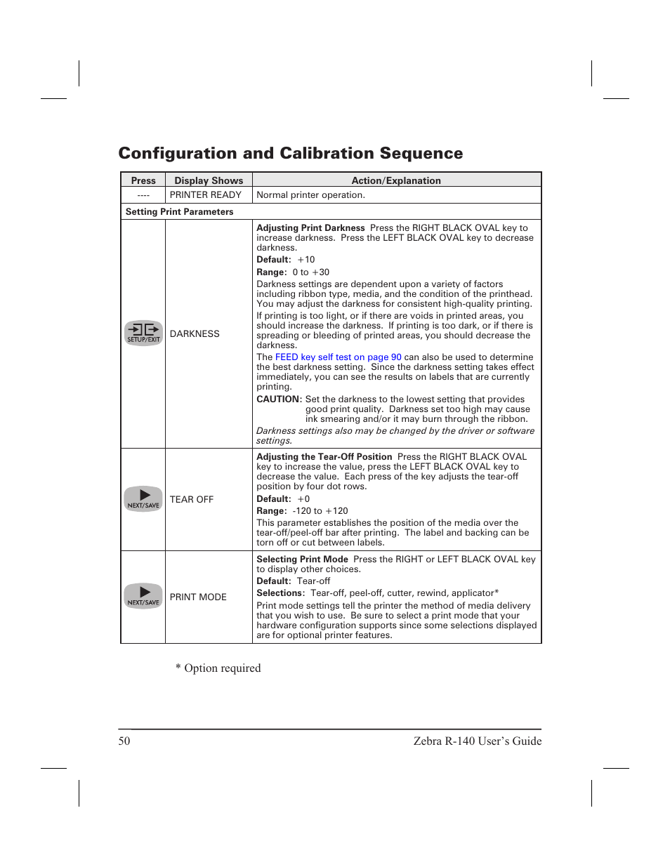 Leaving the setup mode 49, Configuration and calibration sequence, Option required | Zebra Technologies R-140 User Manual | Page 59 / 126