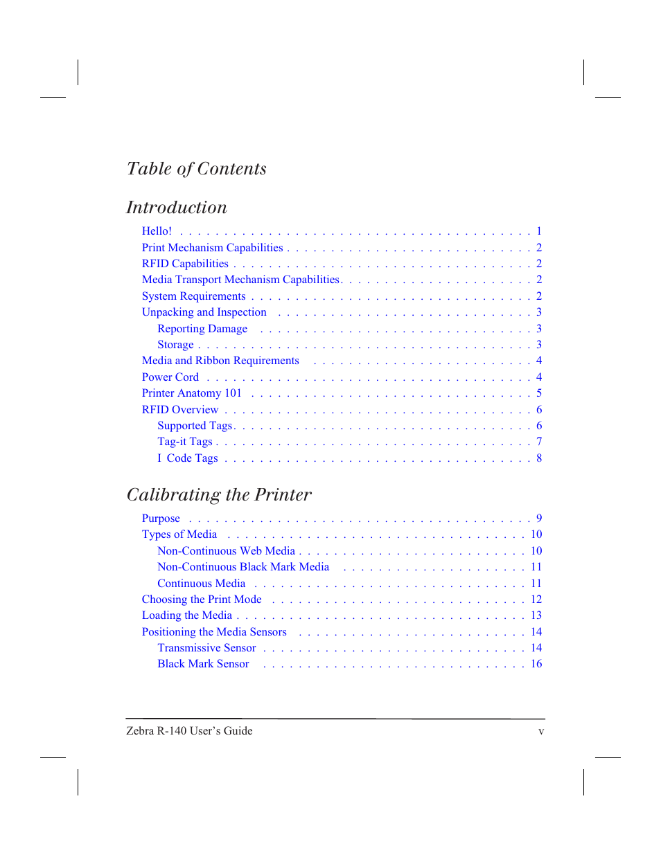 Table of contents introduction, Calibrating the printer | Zebra Technologies R-140 User Manual | Page 6 / 126