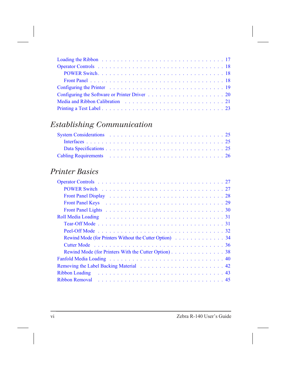 Establishing communication, Printer basics | Zebra Technologies R-140 User Manual | Page 7 / 126