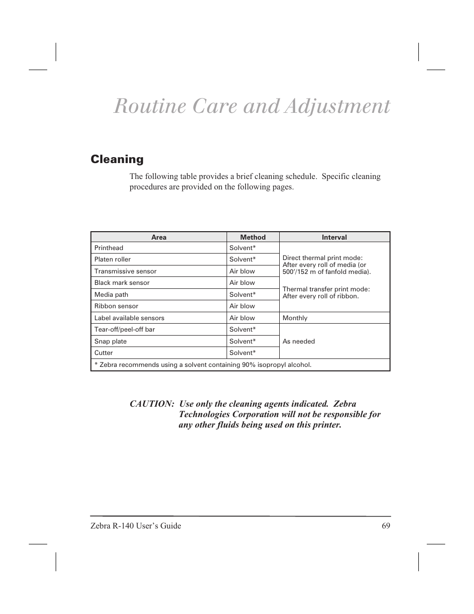 Routine care and adjustment, Cleaning | Zebra Technologies R-140 User Manual | Page 78 / 126