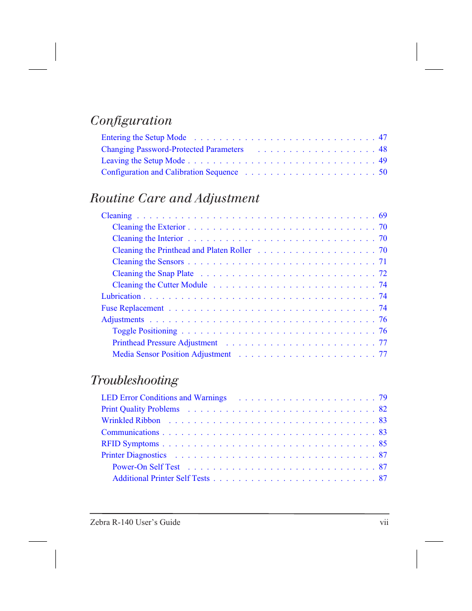 Configuration, Routine care and adjustment, Troubleshooting | Zebra Technologies R-140 User Manual | Page 8 / 126