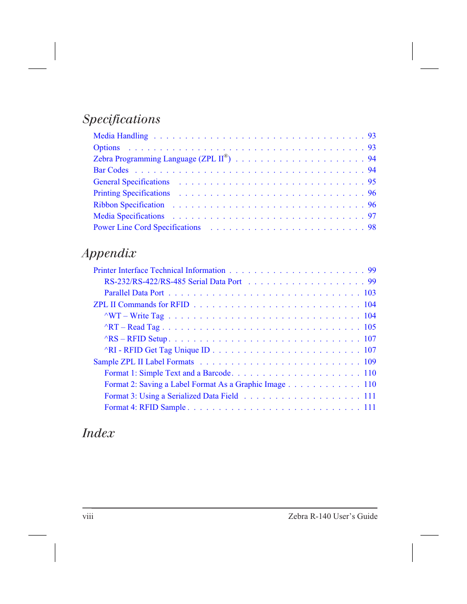 Specifications, Appendix, Index | Zebra Technologies R-140 User Manual | Page 9 / 126