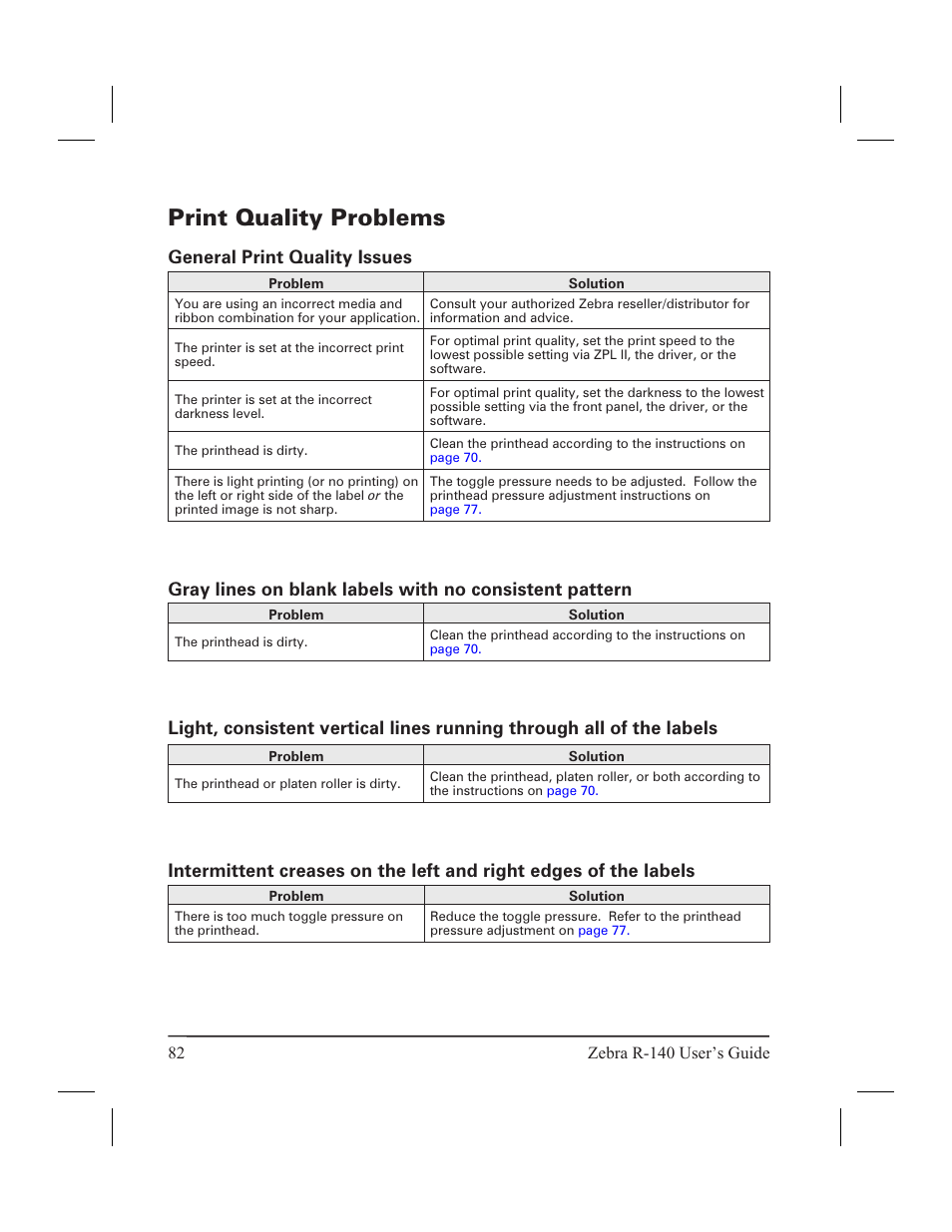 Print quality problems | Zebra Technologies R-140 User Manual | Page 91 / 126