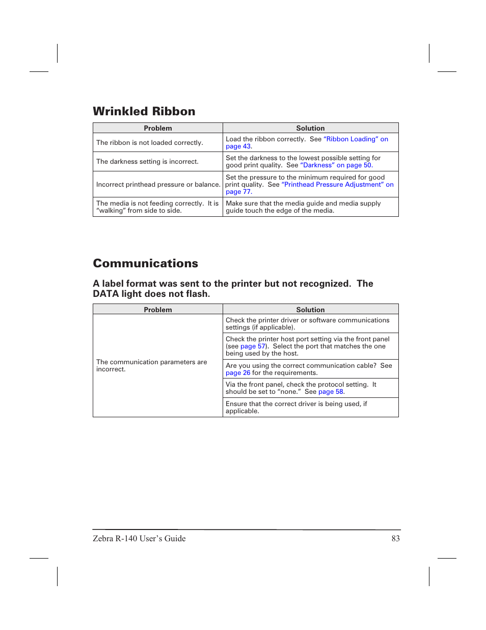 Print quality problems 82, Print qual ity prob lems 82, Wrinkled ribbon communications | Zebra Technologies R-140 User Manual | Page 92 / 126
